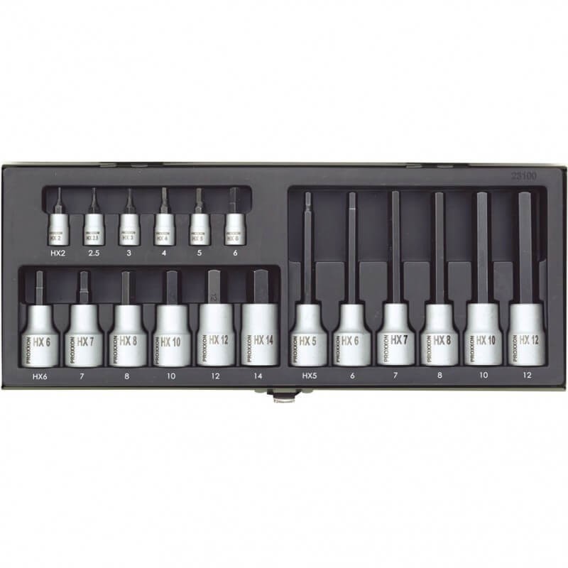 Muciņu komplekts 1/4" 1/2" HEX 18 daļu PROXXON
